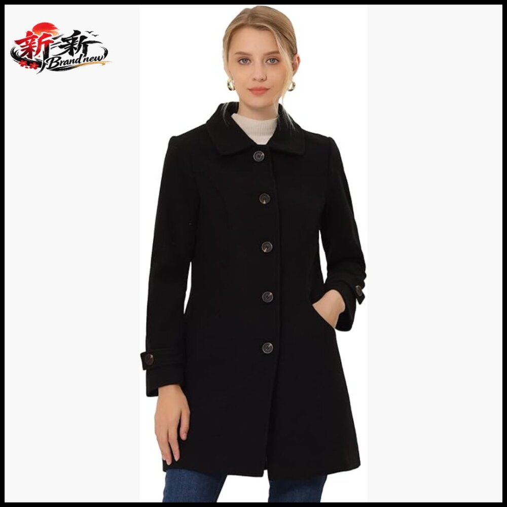 Polyester Blend Pea Coat With Peter Pan Collar, A-Line Winter Overcoat